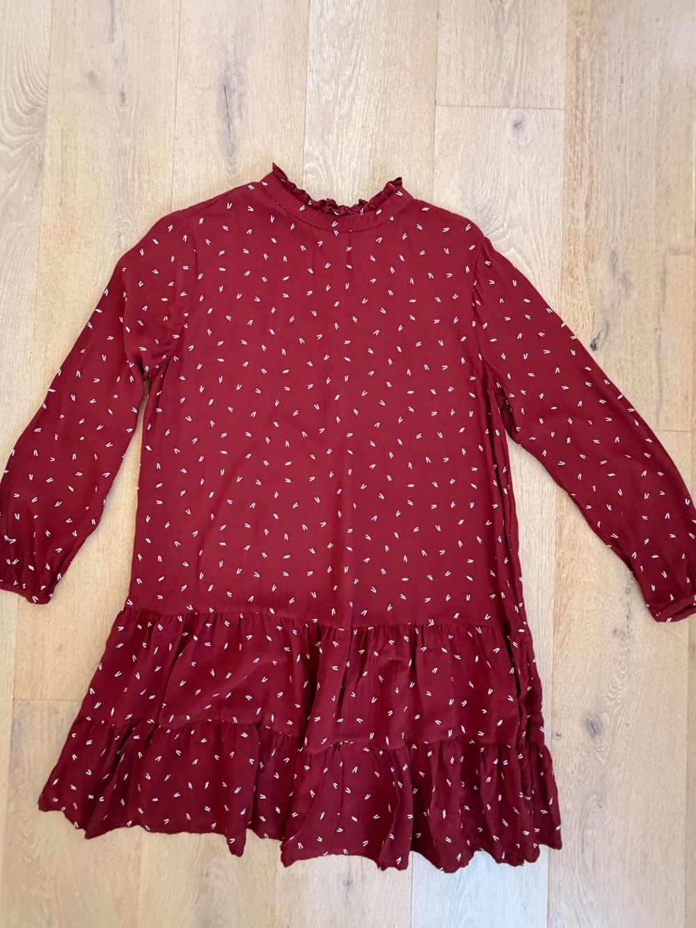 LOFT Burgundy Ruffle-Neck Tiered Dress with White Ditsy Print